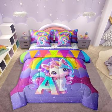 Imagem de Erosebridal Jogo de cama de solteiro com letra A com letra A em uma bolsa, kawaii, arco-íris, unicórnio, monograma, para crianças, meninos, meninas, conjunto de lençol com edredom