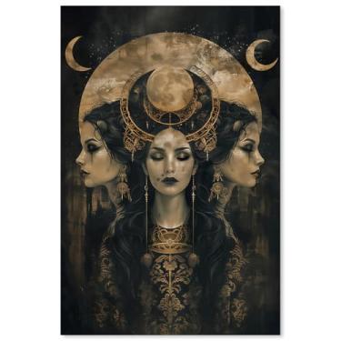 Imagem de MWZUPQ Pôster de bruxa de terror negro gótico vintage Hecate Moon Goddess arte de parede arte mística vitoriana impressão em tela para decoração de parede de casa de quarto assustador 40,6 x 61 cm sem