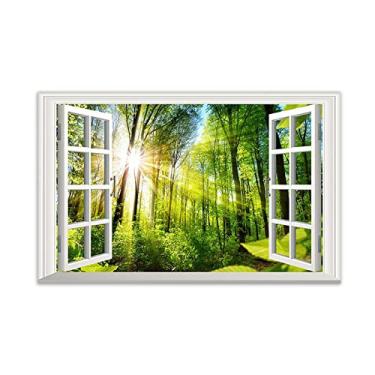Imagem de Arte de parede vista de janela 3D - luz solar através da floresta - impressão de pintura da natureza em tela - imagem de paisagem em tela - pôster de decoração de parede de sala de estar 40 x 65 cm 15