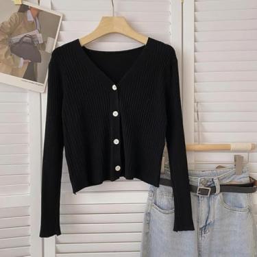 Imagem de Crop Cardigans De Malha Mulheres Slim Manga Comprida Decote Em V Botão Up Casual Soft Chic Básico Jumpers Moda Camisola, Yellow, One Size