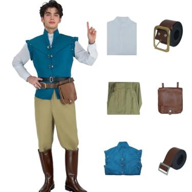 Imagem de Flynn Rider fantasia de príncipe cosplay roupas colete camisa calça cinto conjunto de bolsa para homens fantasia de casal Halloween, Azul, PP