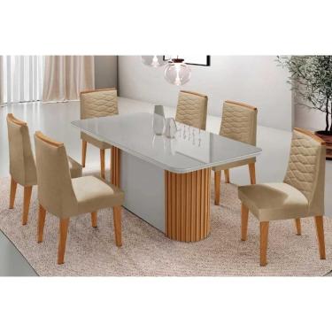 Imagem de Conjunto Sala de Jantar Pilar c/ Tampo Madeirado c/ Vidro Canto Curvo 180x90cm e 6 Cadeiras Maldivas Madeira Maciça Naturale/Off White - Capuccino/Lin