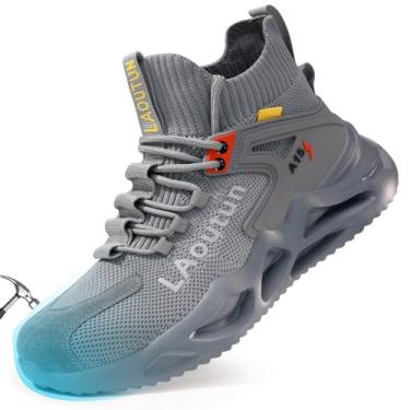 Imagem de LAoutun Tênis de bico de aço para homens e mulheres, tênis de segurança, confortável, leve, à prova de perfuração, sem cadarço, indestrutível, Cinza-0206, 38