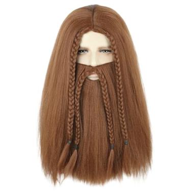 Imagem de Topcosplay Conjunto de peruca e barba masculina estilo viking, cabelo trançado marrom longo com cabelo facial, peruca cosplay pirata guerreiro medieval