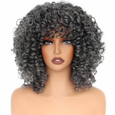 Imagem de PORSMEER Perucas Afro Curly de 35,5 cm, Curtas Soltas e Curtas com Franja para Mulheres Negras, Cabelo Sintético Afro Cachos Anos 70 (Ombre Cinza)