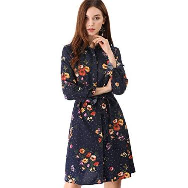 Imagem de Allegra K Vestido feminino vintage de botão com bolinhas, gola e cinto floral, Azul escuro, G