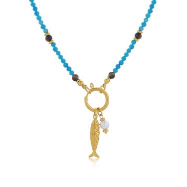Imagem de Z ZACHÉ Colar feminino boho de peixe banhado a ouro 14 k, pingente de peixe com contas azuis, colares gargantilha de verão, praia, litoral, joia de ouro para mulheres presentes, Medium, Aço inoxidável