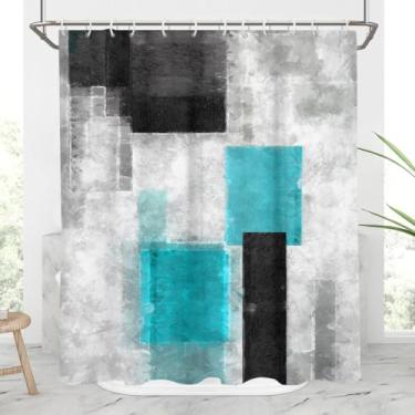 Imagem de AAtter Cortina de chuveiro azul-petróleo preta e cinza abstrata turquesa aqua ciano cinza branco geométrico exclusivo estética masculina minimalista xadrez casa banheiro decoração conjunto de banheira