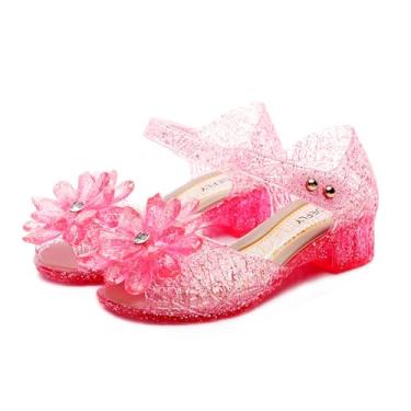 Imagem de TANDEFLY Sandálias femininas com estampa de princesa - Sandálias brilhantes para cosplay e festas | Salto balé leve para crianças de 3 a 8 anos, Rosa cristal, 11.5 Little Kid