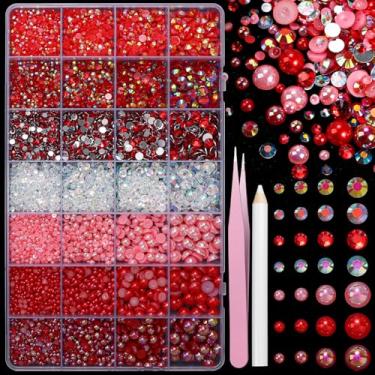Imagem de 22.000 peças de pérolas planas vermelhas e strass para artesanato, strass de resina, pedras preciosas para deslumbramento, tamanho misto 3-6 mm contas de meia pérola para unhas rosto olhos frascos de