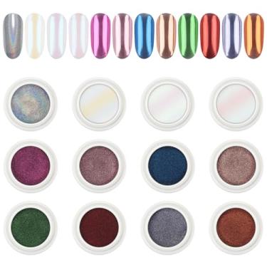 Imagem de AIMEILI Pó de unha cromado pérola, vegano, livre de crueldade, 12 cores aurora metálico efeito espelhado holográfico pigmento iridescente shell glitter arte de unhas