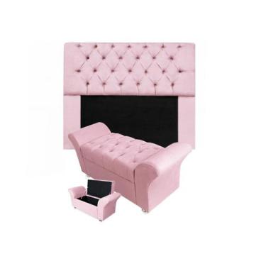 Imagem de Jogo Cabeceira Mirage e Calçadeira Baú Veneza Casal 140 cm Suede Rosa 