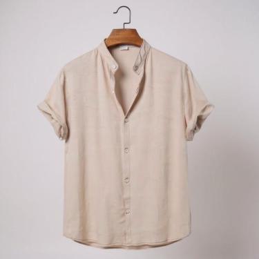 Imagem de Camisa Social Gola Padre Masculina Manga Curta Aspecto Linho - Volgue,