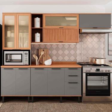 Imagem de Armário de Cozinha Castanha 2700mm com Vidro e Ripado Cinza/Freijó