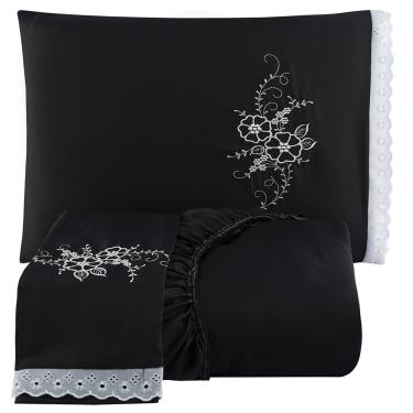 Imagem de Jogo de Cama Lençol Solteiro Bordado Advance 2 Pçs - Preto
