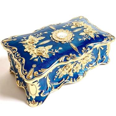 Imagem de Baú de joias rosa estilo pastoral caixa de metal bugiganga vintage bandeja de armazenamento de pedras preciosas lembrança de tesouro estojo de presente para meninas e mulheres (azul dourado, extra