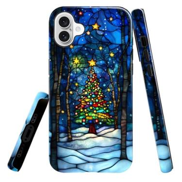 Imagem de heindiy Compatível com iPhone 16 Plus, capa brilhante, proteção total, à prova de choque, anti-arranhões, capa de TPU, capas para homem, mulher, árvore de Natal, noite de neve