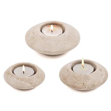 Imagem de Elysian Marble Castiçal de luz de chá 10 cm feito à mão travertino conjunto decorativo de 3 pequenos castiçais votivos para decoração de casa, centros de mesa de casamento, mini velas e decoração de