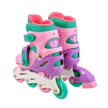 Imagem de Unitoys Patins Infantil Ajustável Rosa e Roxo com Kit Proteção, 2 em 1 Inline e Triline, Tamanho 30-33, Capacidade 60Kg, Rodas PVC 72mm
