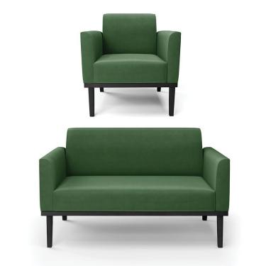 Imagem de Sofá Namoradeira Com Poltrona Base De Madeira Fixa Preto Marisa Suede D03 - D'Rossi Verde