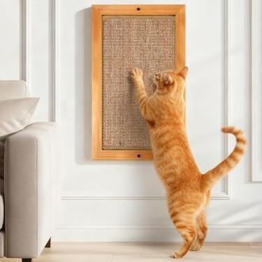 Imagem de Arranhador de parede para gatos de sisal de madeira, tapete para arranhar gatos no chão ou na parede, almofadas duráveis para gatos internos, tapete de sisal emoldurado, poste arranhador de parede