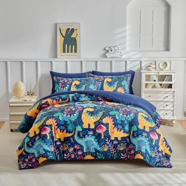 Imagem de URLINENS Conjunto de edredom infantil solteiro para meninos e meninas, 3 peças, dinossauro, 2 fronhas, floral, para crianças, adolescentes, lavável, microfibra super macia para todas as estações, azul