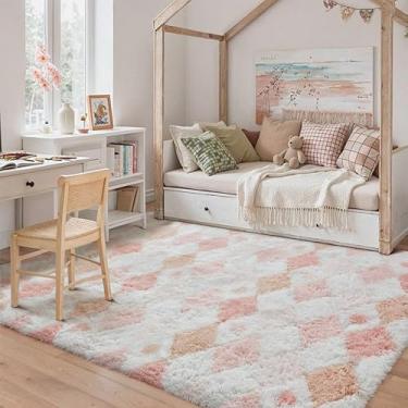Imagem de PureCozy Tapete quadriculado 10 x 15 cm felpudo fofo sala de estar rosa tapete moderno lavável macio felpudo antiderrapante tapetes felpudos para quarto, dormitório, escritório, casa, decoração