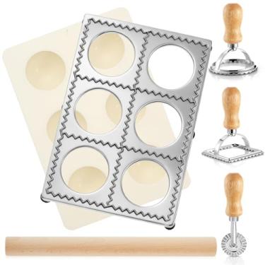 Imagem de Geetery Conjunto de 5 moldes de ravióli quadrados de 6 cm, inclui 1 prensa de raviólis, 3 cortadores de massa, 1 rolo de madeira para fazer massas (6 furos)