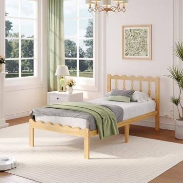 Imagem de ZIYOO Estrutura de cama de solteiro com cabeceira e pé ondulados, sem necessidade de mola box cama plataforma de montagem fácil com ripas de metal, base de madeira moderna de 35,5 cm