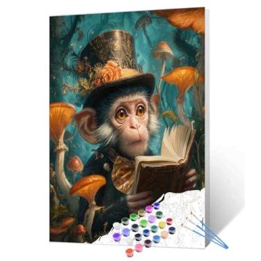 Imagem de Aihonmin Kit de pintura de livro de leitura de macaco por números para adultos iniciantes em tela, animais, pintura a óleo, artesanato, acrílico, cogumelos, floresta, pintura, casa, decoração de