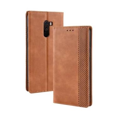 Imagem de Capa para XIAOMI Mi Pocophone F1,Retro Flip magnético,Caso de telefone de couro PU,Design de carteira com 3 slots de cartão e 1 clipe de dinheiro -Brown