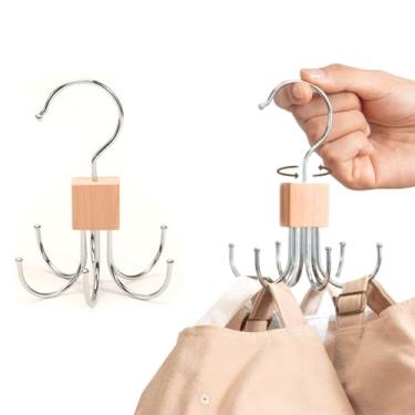Imagem de Cabide multifuncional – design giratório e dobrável de 360° com capacidade de armazenamento de 18 graus, organizador de armário para sutiãs, blusas, cachecóis e acessórios (cor de madeira)