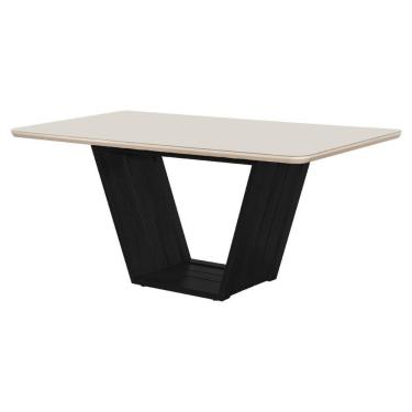 Imagem de Mesa De Jantar Luxo Retangular 160x90 MDF Vidro Para 6 Lugares Pés Madeira Maciça Safira Preto Off White