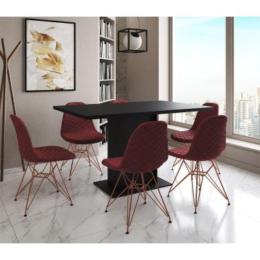 Imagem de Mesa Jantar Londres Retangular Preta137X90Cm 6 Cadeiras Estofadas Vermelho Base Cobre