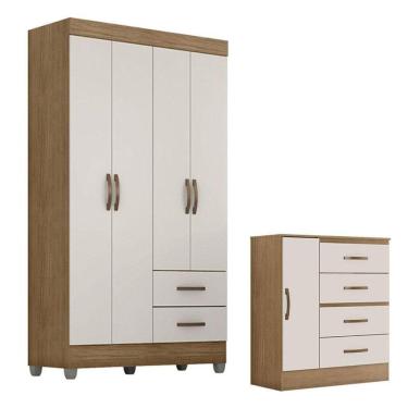 Imagem de Guarda Roupa Solteiro 4 Portas E Cômoda 4 Gavetas E 1 Porta Lite Nature Off White - Móveis Leão