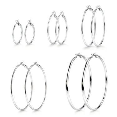 Imagem de 5 pares de brincos de argola para mulheres, conjunto de brincos banhados a ouro de aço inoxidável, argolas leves de pequeno a grande 30/40/50/60/70 mm, Aço inoxidável, Sem pedra preciosa