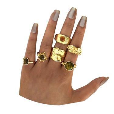 Imagem de FUTIMELY Conjunto de anéis de olho de tigre para mulheres, anéis empilháveis de pedra marrom grossa, banhado a ouro ajustável, Liga de aço, Sem pedra preciosa