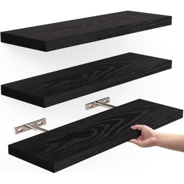 Imagem de Prateleiras Flutuantes Montadas na Parede de Madeira Rústica para Banheiro Quarto Sala Estar Cozinha Pequena Prateleira Suspensa Armazenamento Livros Decoração Ambiente com Capacidade 22lbs