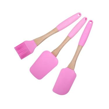 Imagem de Conjunto de 3 peças de espátula de silicone com cabo de madeira rosa, incluindo escova de óleo, seguro para alimentos, livre de BPA