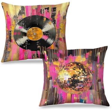 Imagem de Exqcom Capas de almofada retrô modernas de vinil com bola de discoteca 45,7 x 45,7 cm, conjunto de 2 capas de almofadas decorativas coloridas maximalistas para casa, quarto, sala de música, estúdio