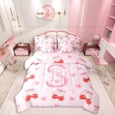 Imagem de Conjunto de cama solteiro com letra P, 7 peças, laço kawaii, monograma, estilo princesa, inclui edredom, conjunto de lençol, fronhas e fronhas, decoração de quarto de coração fofo para amantes de