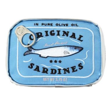 Imagem de FGDTREE Bolsa de viagem de banho em forma de lata de sardinha, bolsa de cosméticos com zíper, bolsa de armazenamento portátil, bolsa de mão para cuidados pessoais feminina (azul)