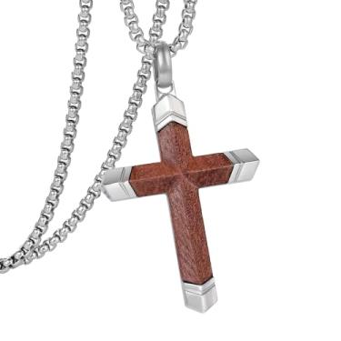 Imagem de GTMJ Colar com cruz para homens - Corrente de caixa ajustável de aço inoxidável e madeira 61 a 66 cm, joia espiritual de presente para ele, uso diário, Medium, Aço inoxidável Madeira, Sem Pedra