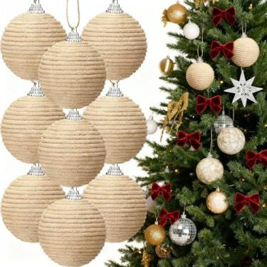 Imagem de 9 peças de enfeites de bola de Natal de 5,9 cm, boho, fazenda, corda de juta, bolas penduradas em serapilheira, ornamentos rústicos neutros para árvore de Natal, guirlanda, guirlanda de casamento