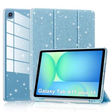 Imagem de Lainergie Capa para Samsung Galaxy Tab A11/A9 Plus 28 cm 2025/2023, linda capa brilhante à prova de choque com parte traseira transparente brilhante e suporte para lápis para Galaxy Tab A11+/A9+, azul