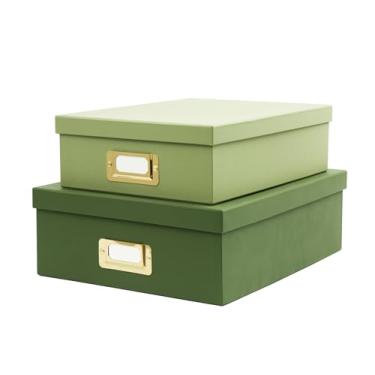 Imagem de MIZFRUZZY Caixas de armazenamento decorativas de 2 peças, paleta verde dupla sofisticada, papelão empilhável com porta-etiquetas douradas para organização de escritório em casa, decoração de casa