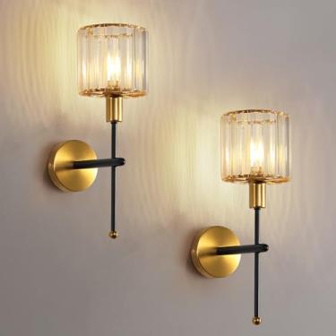 Imagem de Eustace Conjunto de dois arandelas de parede de cristal, arandela de parede de vidro transparente com fio, luminária de parede de latão dourado para sala de estar quarto luminária de banheiro (base