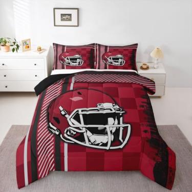 Imagem de Conjunto de edredom para meninos, futebol americano, bola de rúgbi, esportes, jogo, capacete de fã de futebol, jogo de cama solteiro, jogos competitivos, esporte europeu, conjunto de colcha vermelho