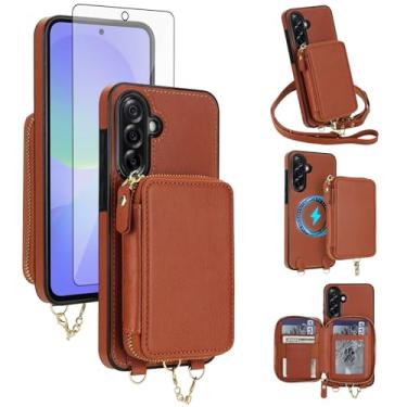 Imagem de Capa de telefone para Samsung Galaxy A56 5G carteira com zíper bolsa protetora de tela transversal alça magnética destacável compatível com bloqueio de RFID MagSafe Flip A 56 56A mulheres homens