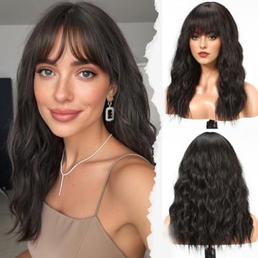 Imagem de HAIRCUBE Peruca longa com franja sintética ondulada para mulheres, cor preta natural